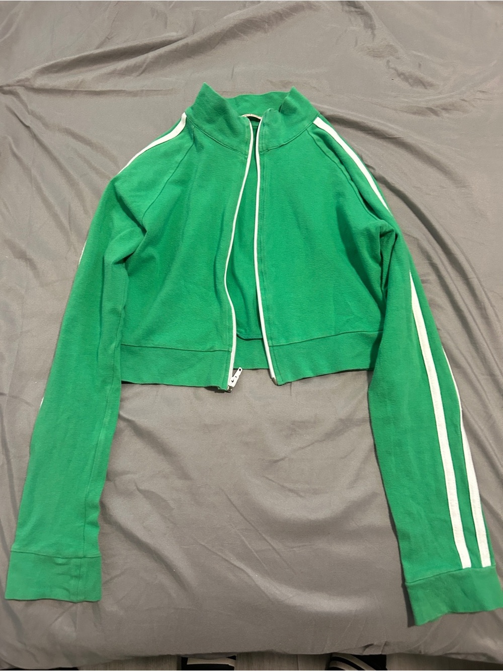 Cropped Green Zip-Up Track Jacket with White Stripes